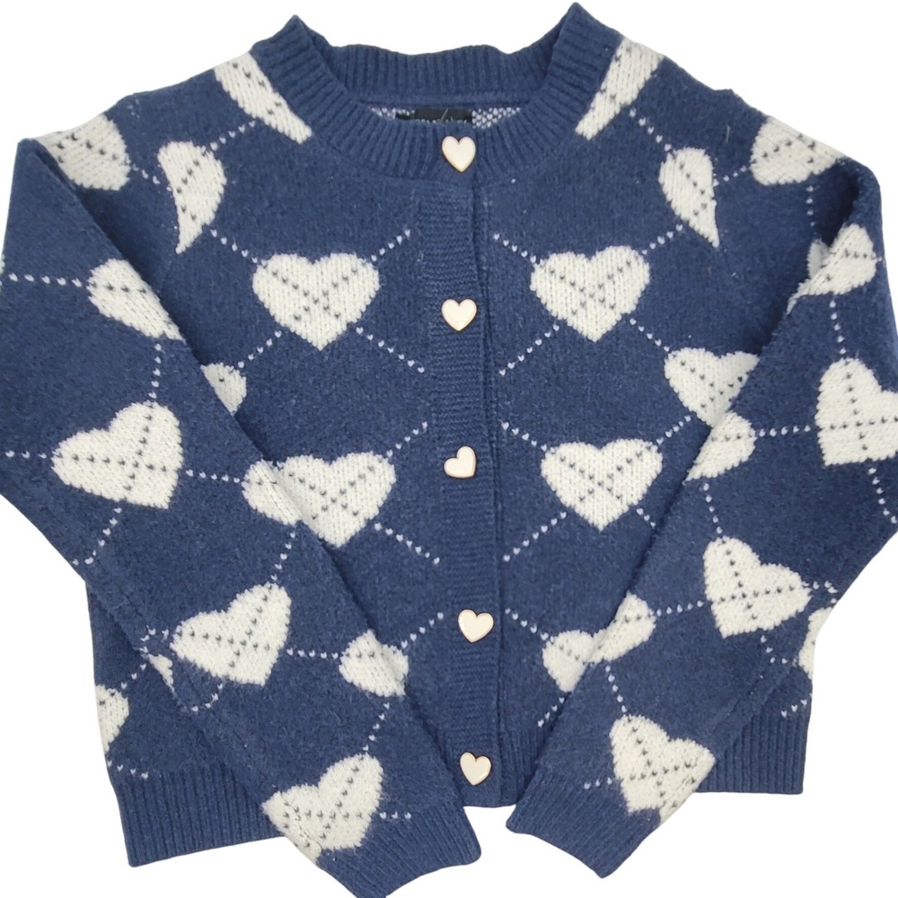 Blue White Heart Coquette Cottagecore Argyle Cardigan Sweater Lovecore Small NEW